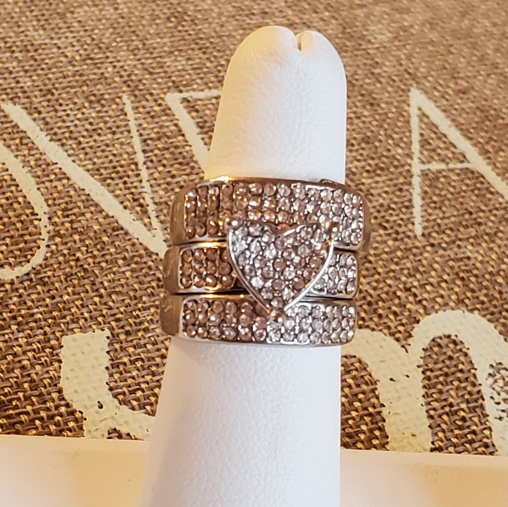 Stackable Silver Rhinestone Heart Trio Ring Set - Picture 11 of 16